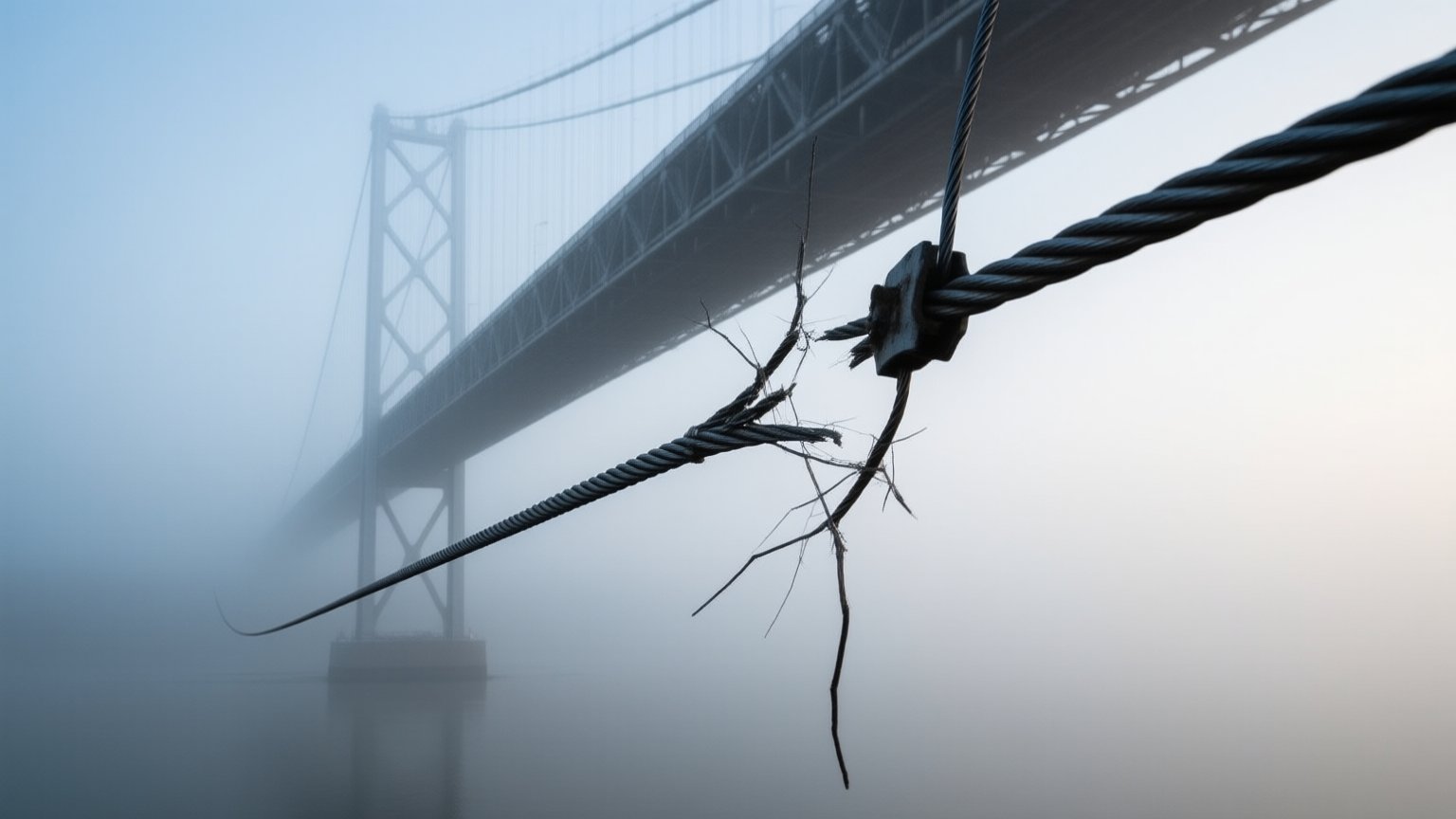 A suspended steel bridge cable severed in mid-air, bathed in cold, flat morning light.