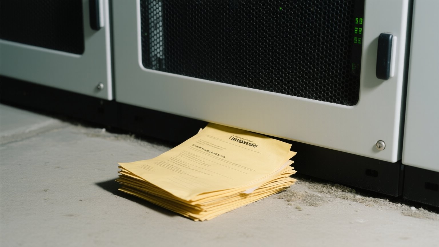 A pristine, automated server rack casts a sharp shadow over a stack of yellowed, forgotten internship offer letters left to gather dust on the concrete floor.