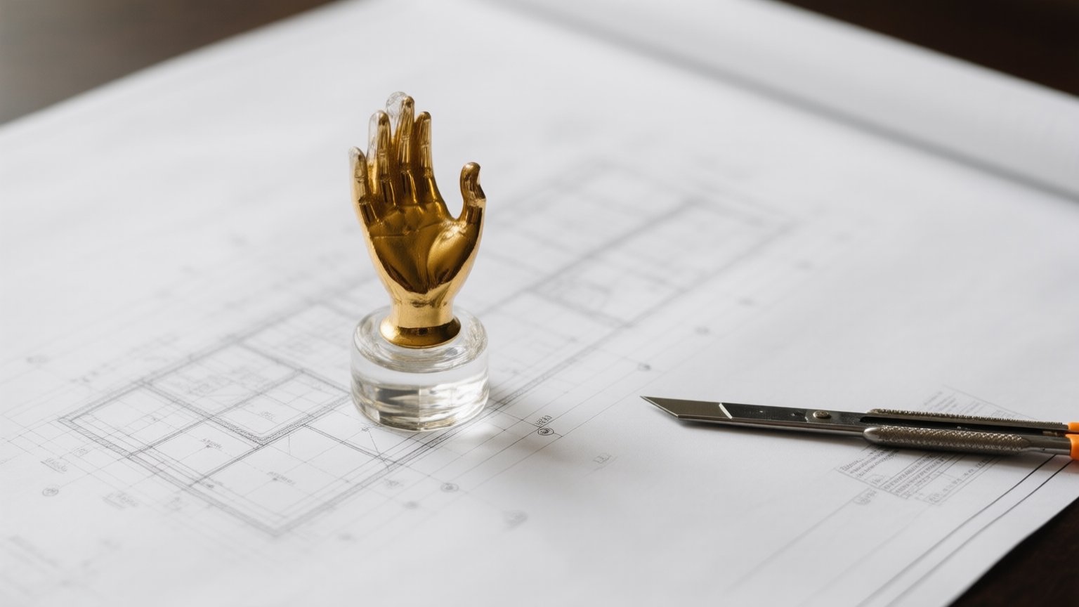 A pristine sheet of architectural blueprints is meticulously smoothed out by a heavy, ornate glass paperweight shaped like a gilded lady's hand, while the sharp edge of a drafting knife rests uselessly against the margin.