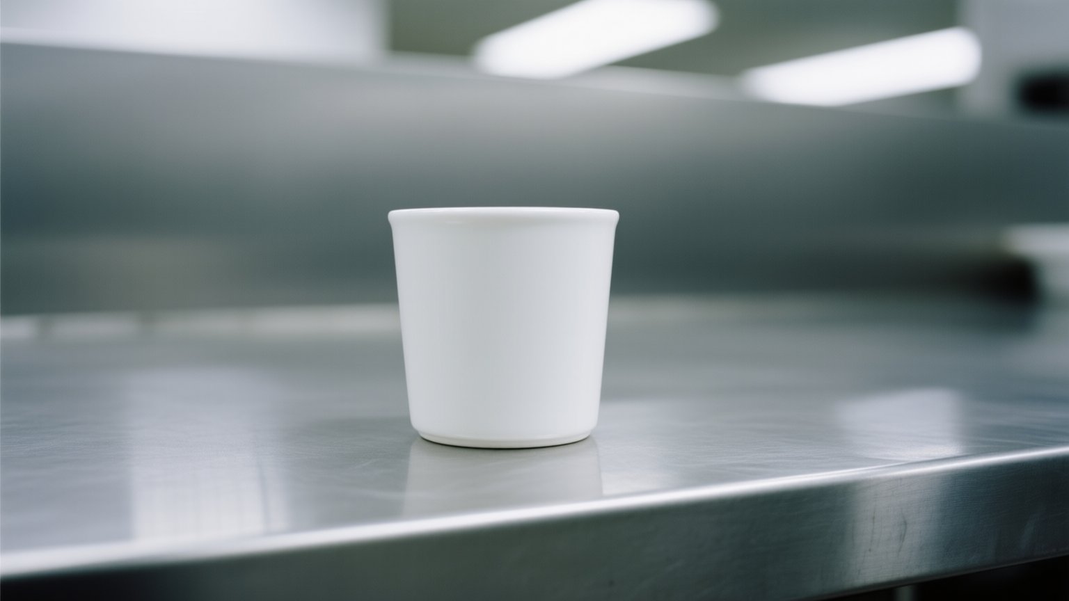 A pristine, mass-produced white ceramic cup sits on a sterile steel counter, its smooth, featureless surface reflecting the harsh overhead light with no evidence of a maker's hand.