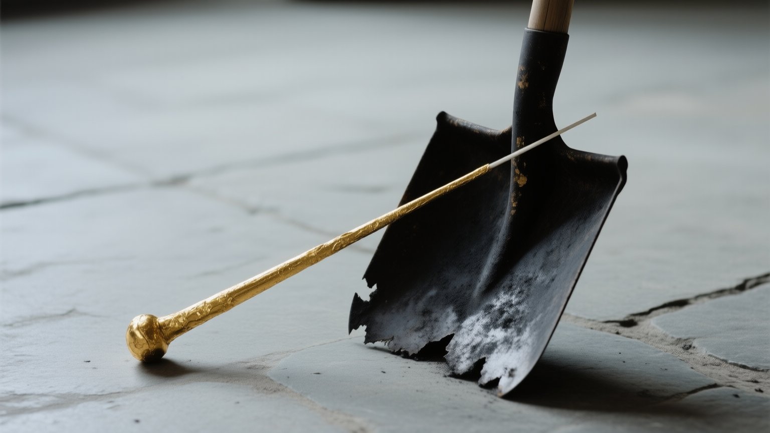 A pristine, gold-leafed conductor's baton rests sharply against the jagged, soot-stained edge of a discarded coal shovel handle on a cold stone floor.