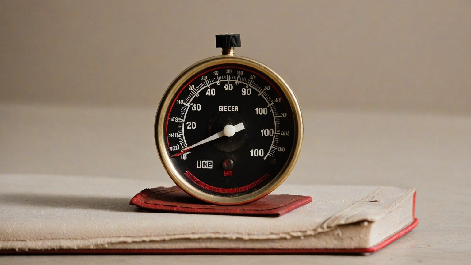 A polished brass speedometer needle hovers frozen in the red zone atop a stack of dusty, unopened leather-bound manuals.